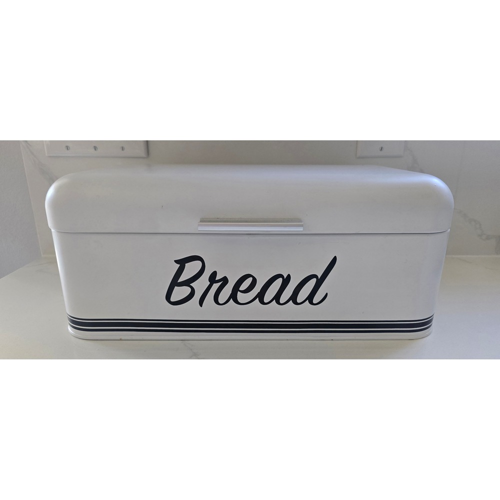White Metal Bread Box Retro Countertop Storage Bin‎ with Hinged Lid and Stripes